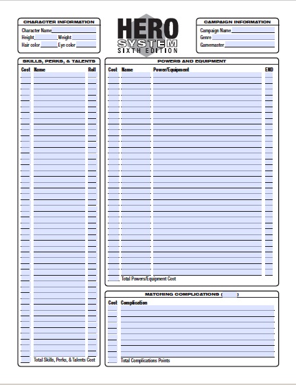 Champions New Millennium Form Fillable Character Sheet Printable 